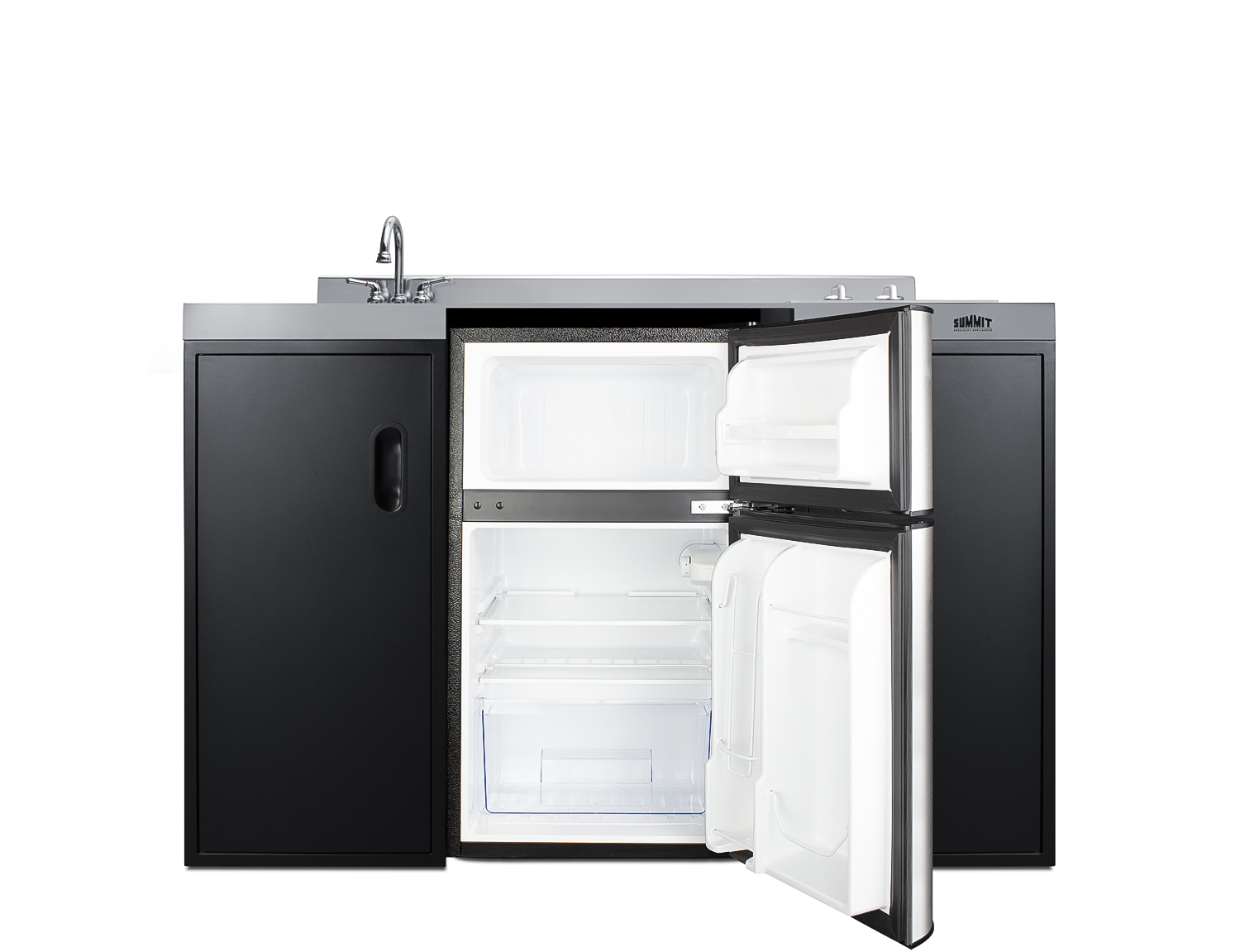 54 inch wide ADA counter height all-in-one kitchenette in black with a removable 2-burner 115V smooth top cooktop, 2-door refrigerator-freezer, sink, and two storage cabinets